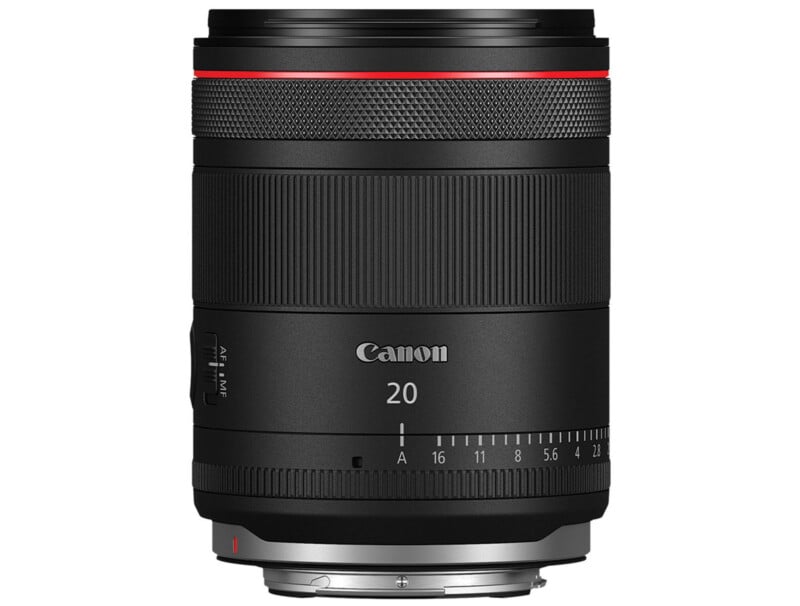 A black Canon camera lens with a focus ring and red ring near the top. The lens displays "20" and has engraved aperture markings ranging from 1.4 to 22. It features a switch labeled "AF/MF" for autofocus and manual focus modes.