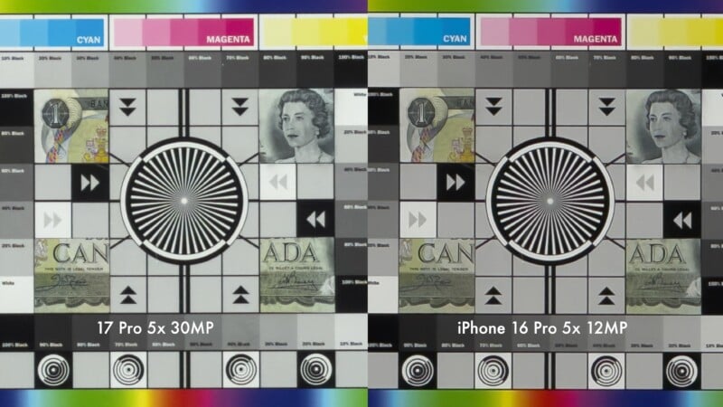 Side-by-side camera test chart comparison of two smartphones, labeled "17 Pro 5x 30MP" on the left and "iPhone 16 Pro 5x 12MP" on the right, showing color, resolution, and detail differences.