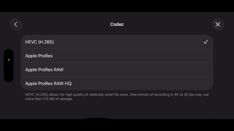 A screen displays four codec options: HEVC (H.265), Apple ProRes, Apple ProRes RAW, and Apple ProRes RAW HQ. A note below explains HEVC (H.265) allows high quality with small file sizes.