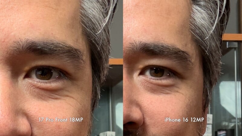 Side-by-side close-up comparison of a man's face showing his eyes and part of his nose, labeled "17 Pro Front 18MP" on the left and "iPhone 16 12MP" on the right to compare camera quality.