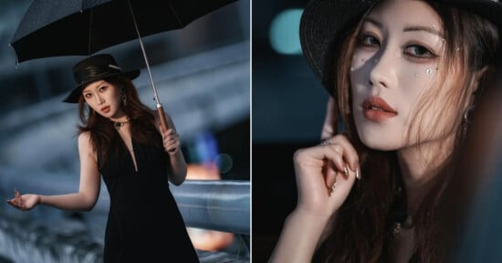 A woman in a black dress and hat holds a black umbrella at night. On the left, she stands outdoors; on the right, a close-up shows her makeup with small jewels by her eyes and a thoughtful expression.