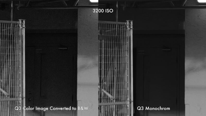 Side-by-side comparison of two black and white photos taken at 3200 ISO, showing a metal fence and door. Left: color image converted to B&W (grainy). Right: monochrome image (smoother, less noise).