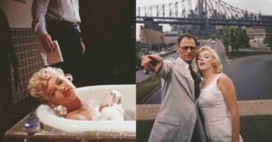 Left: A woman with blonde hair reclines in a bathtub filled with bubbles, looking up as a standing figure holds a towel. Right: A man in glasses and a woman in a white dress stand outside, with a city bridge in the background.