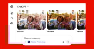 Two women in colorful clothes and sunglasses smile and raise their arms while sitting in a car. The image shows side-by-side edits for exposure, saturation, and vibrance, with a Photoshop button below.