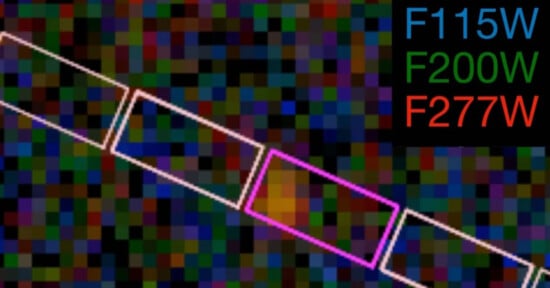 A colorful pixelated background with pink-outlined rectangles at an angle. In the top right corner, there is a legend with "F115W" in blue, "F200W" in green, and "F277W" in red text.