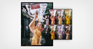 A woman in a yellow dress poses with raised arms in a market street. The main photo is displayed next to four smaller, edited versions of the same image, each with different color tones and effects.