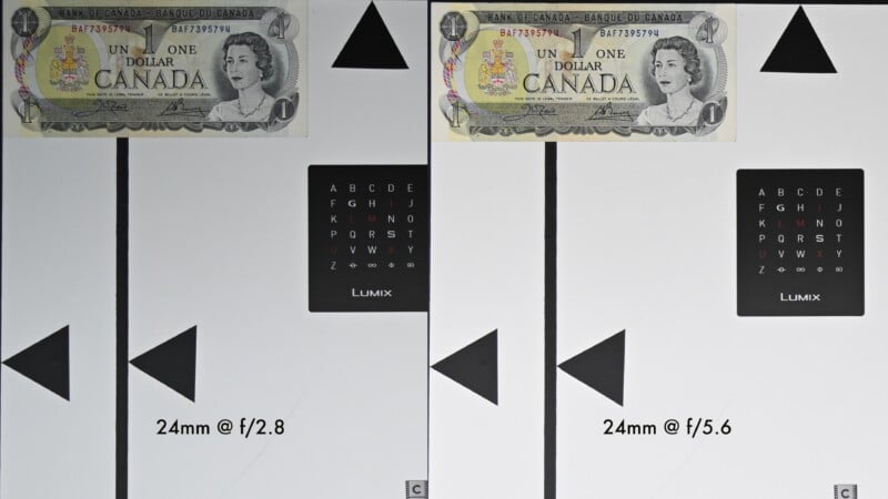 Side-by-side comparison of two test charts labeled "24mm @ f/2.8" and "24mm @ f/5.6," each with a Canadian one-dollar bill at the top and black geometric shapes and letter charts below.