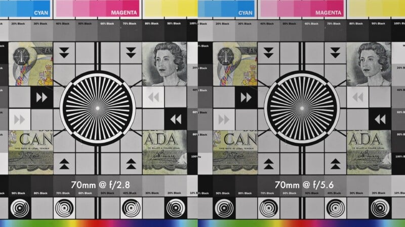 Side-by-side comparison of two camera test charts labeled "70mm @ f/2.8" and "70mm @ f/5.6" showing color gradients, grayscale blocks, resolution patterns, and currency details.