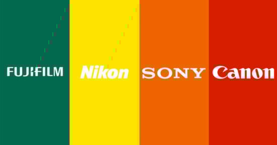 Four vertical color stripes with camera brand names: Fujifilm on green, Nikon on yellow, Sony on orange, and Canon on red, each in their distinctive logo fonts.