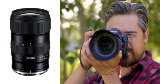 On the left, a Tamron 17-50mm camera lens. On the right, a man with dark hair and a beard in a red checkered shirt is outdoors, holding a Nikon camera with a large lens and taking a photo.