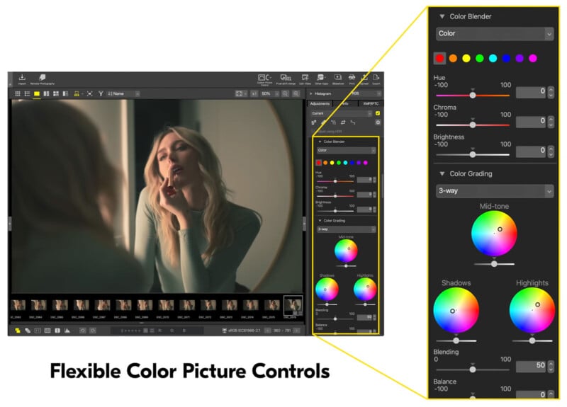 A woman sitting at a vanity applies lipstick in a photo editing software interface, which displays color adjustment sliders and color wheels for flexible picture controls. The text reads: "Flexible Color Picture Controls.