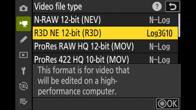 Camera screen displaying video file type options: N-RAW 12-bit (NEV), R3D NE 12-bit (R3D) highlighted, ProRes RAW HQ 12-bit (MOV), and ProRes 422 HQ 10-bit (MOV). Instructional note is shown at the bottom.
