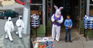 Two people in white hazmat suits walk on a street (left). On the right, a person in an Easter Bunny costume and a child stand outside a store near boxes of shoes and a toy stall.