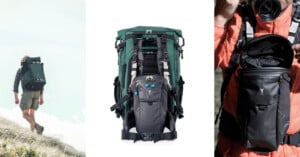 Three images: a person hiking uphill with a green backpack, a close-up of a green and gray modular backpack system, and a person in an orange jacket accessing gear from the backpack's front pocket.