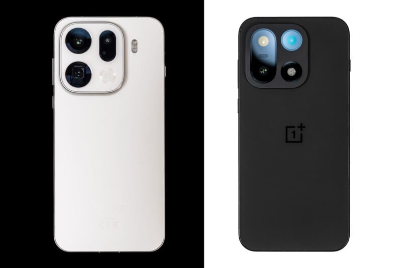 Two smartphones shown from the back: a white Oppo phone with three large camera lenses on the left, and a black OnePlus phone with a dual lens camera module on the right, both on split black and white backgrounds.