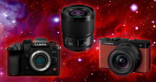 Two Lumix cameras and a Lumix lens on a vibrant red galaxy background with stars.