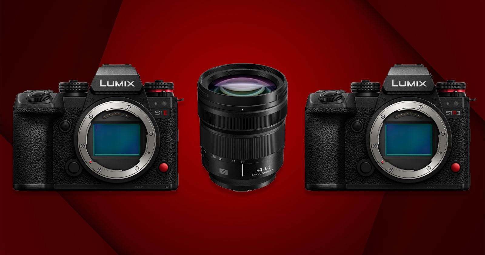Two Panasonic Lumix S1 series cameras are positioned on either side of a camera lens against a red, geometric background. The cameras have no lenses attached, revealing their sensors.