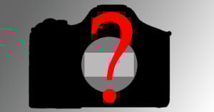 A black camera silhouette with a large red question mark over the lens, set against a gray gradient background.