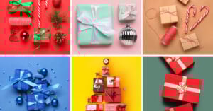 Six sections show festive gift arrangements: top row features gifts and Christmas items on red, pink, and brown backgrounds; bottom row has blue, stacked multicolored, and red gifts on blue, yellow, and green backgrounds.