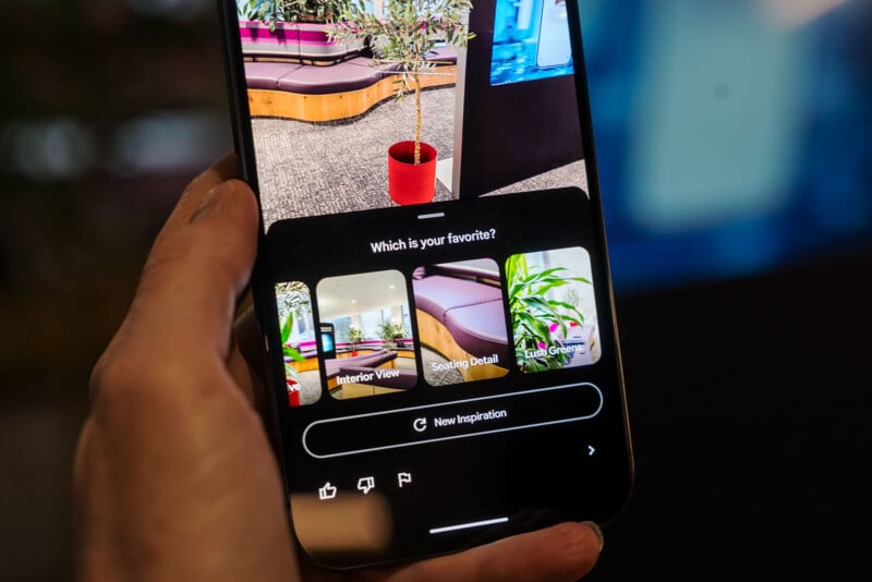 A hand holds a smartphone displaying a poll with three image options titled “Which is your favorite?” featuring interior views, seating details, and greenery. The phone screen shows a modern, brightly lit space in the images.