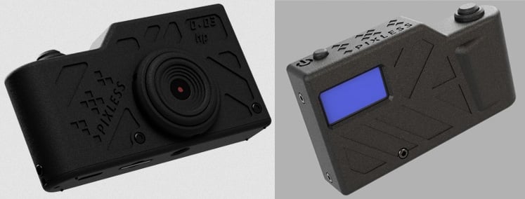 Two black, boxy digital cameras with textured, geometric patterns. The camera on the left shows the lens and front, while the right camera displays its back with a small blue screen and control buttons.