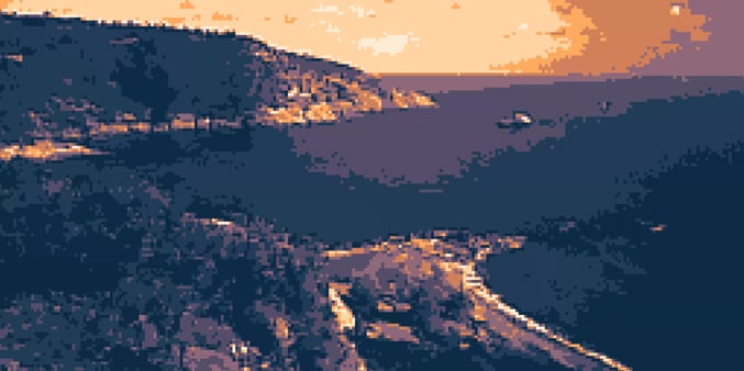 A stylized, pixelated image of a coastal landscape at sunset, showing hills, a winding road, a bay, and the sun low in the sky over calm water.