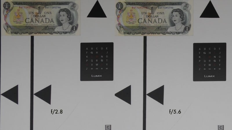 Two identical Canadian one dollar bills are placed above test charts, each with a black triangle, a sharpness card, and "f/2.8" on the left and "f/5.6" on the right, for camera aperture comparison.