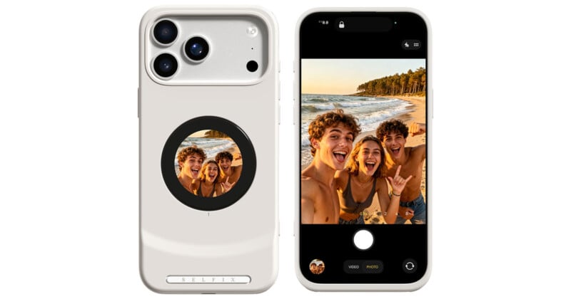 Two smartphones display a group selfie at the beach. The phone on the left shows the photo in a small circular rear screen; the phone on the right shows the same image on its main screen. Three friends are smiling and posing.