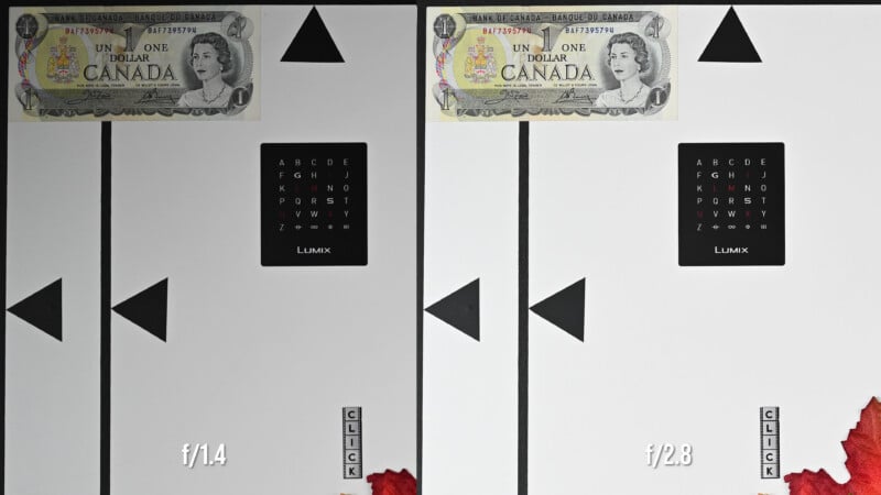 Side-by-side comparison of two photos of a test chart with a Canadian dollar bill, one labeled f/1.4 (left) and the other f/2.8 (right), showing differences in sharpness and clarity. A red leaf is partially visible at the bottom right.