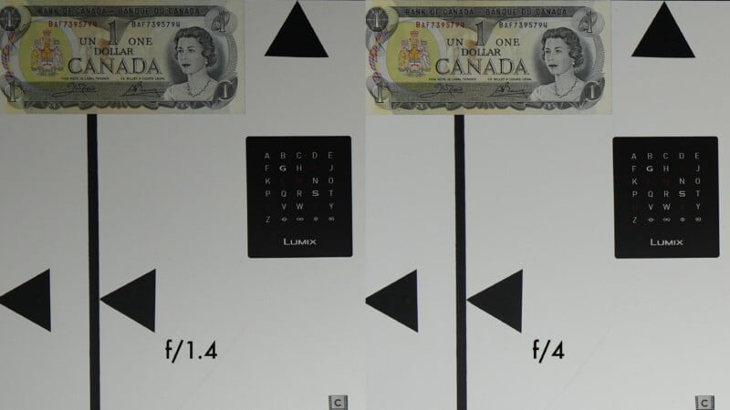 Comparison image showing a Canadian one-dollar bill and a focus chart viewed through a lens at f/1.4 (left) and f/4 (right); focus and sharpness improve noticeably at f/4.