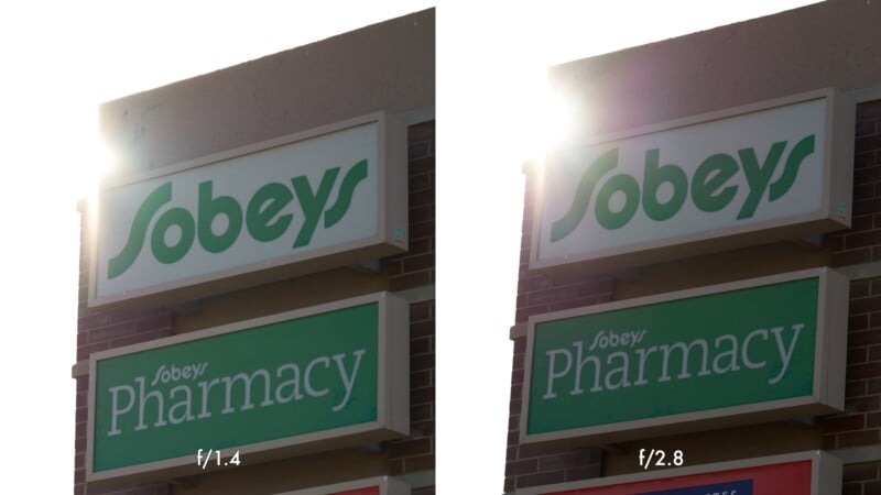 Two side-by-side photos of Sobeys and Pharmacy signs on a building, with sunlight shining behind the signs. The left image is labeled "f/1.4" and the right image is labeled "f/2.8.