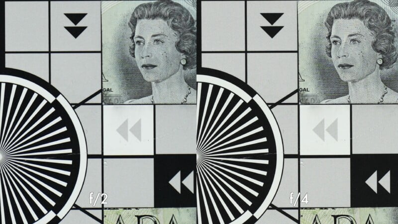 Side-by-side comparison of two test charts with a portrait, showing differences in sharpness and detail at f/2 (left) and f/4 (right); f/4 appears clearer and more defined.