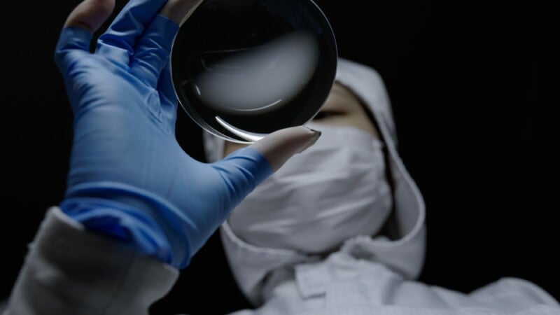 A person wearing a protective suit, face mask, and blue gloves examines a petri dish against a dark background, suggesting a laboratory or scientific setting.