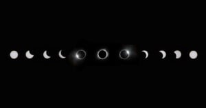 All stages of the total solar eclipse are lined up against a black background.