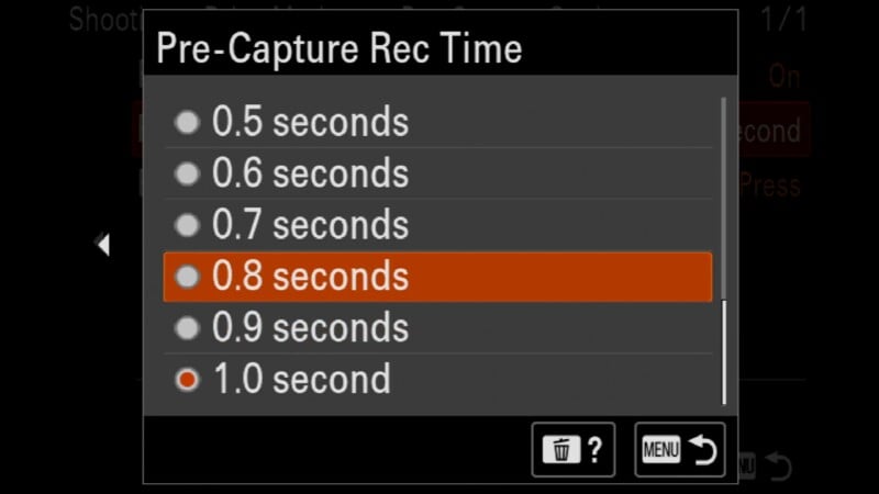 A camera menu displays "Pre-Capture Rec Time" with options from 0.5 to 1.0 seconds. The 0.8 seconds option is highlighted in orange. Icons for delete, help, and menu are at the bottom right.