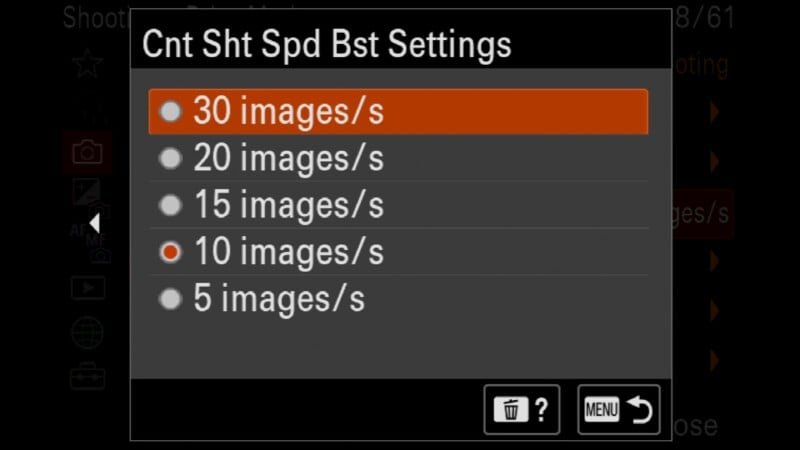 Camera screen displaying continuous shooting speed burst settings, with options of 30, 20, 15, 10, and 5 images per second. The 30 images per second option is highlighted in orange. Control icons are at the bottom.