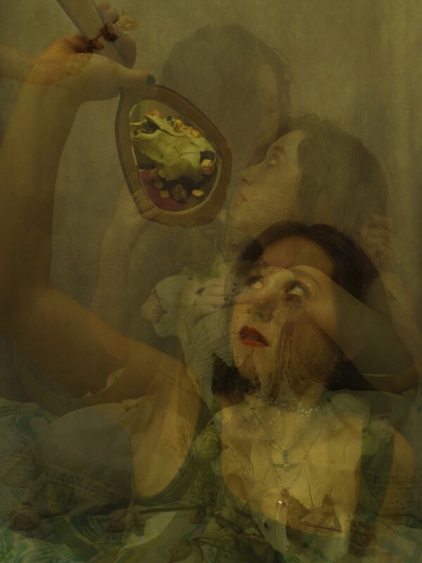 A layered, surreal image of a woman gazing upward while holding a mirror reflecting a distorted face. The hazy, overlapping composition gives a dreamlike, introspective effect with muted, earthy colors.