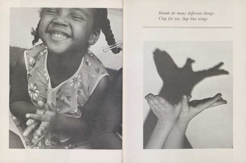 A smiling girl claps her hands, while on the opposite page, two hands create a bird shadow on a wall. Text reads: "Hands do many different things...Clap for joy, flap like wings.