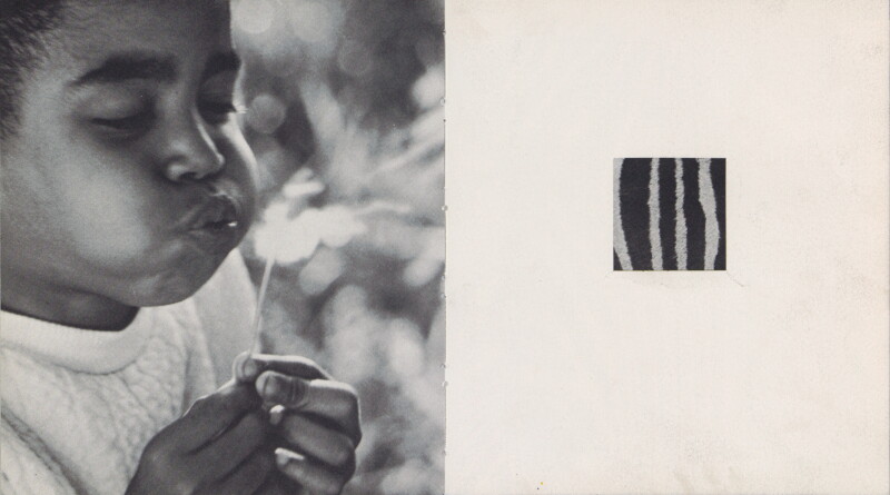 A child blows on a dandelion in a black and white photo on the left; on the right, there is a small abstract black and white striped square centered on a blank background.