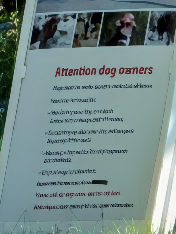 A sign with blurry text and images of cows. The heading reads "Attention dog owners" in red, followed by mostly unreadable black text. The sign is outdoors, with grass visible at the bottom.