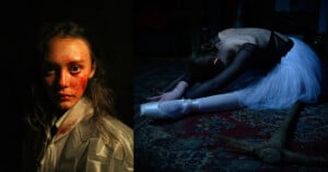 A girl with blood splattered on her face and clothes stares intently at the camera, while another girl in a ballet outfit stretches on a patterned rug in a dimly lit room, next to a wooden cross.