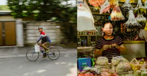 A man rides a bicycle on a street, carrying a plastic bag, while another image shows a woman standing behind the counter of a small shop filled with snacks, candies, and bottled goods.