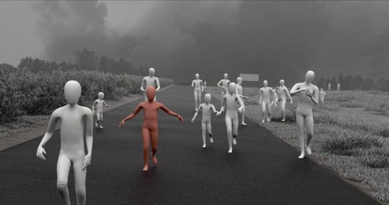 A group of faceless, mannequin-like figures run down a dark road surrounded by fields under a cloudy sky. One figure in the center is red while the others are white, creating a stark contrast.