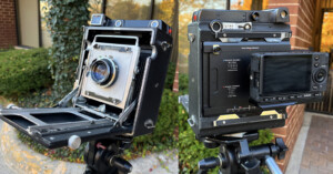 Two views of a large format camera mounted on a tripod: the left shows the front with its lens and bellows extended, while the right shows the back with a digital camera attached as a digital back.
