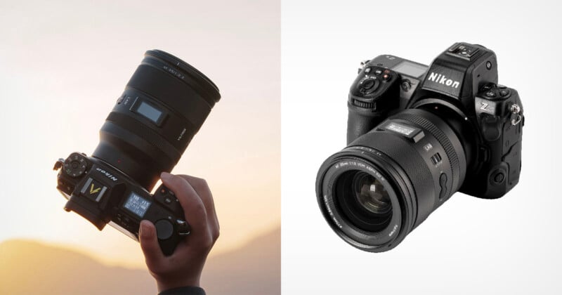Side-by-side images of a Nikon camera: on the left, a hand holds the camera outdoors against a bright sky; on the right, the camera is shown alone on a plain white background.