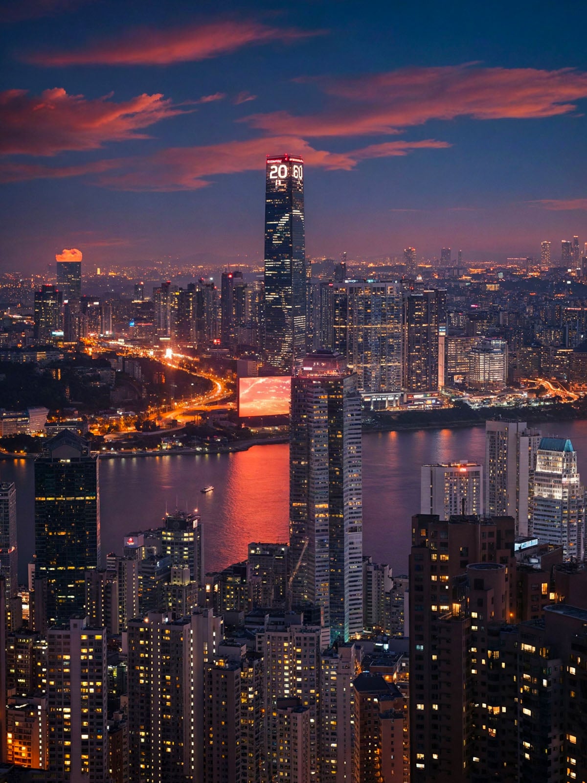 A vibrant city skyline at dusk with illuminated skyscrapers, the tallest displaying “2020” on top, glowing lights reflecting on a river, and a dramatic reddish-blue sky with scattered clouds above.