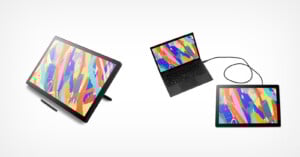 A digital drawing tablet with a stylus is shown on the left, while on the right, a laptop is connected to a similar tablet displaying the same colorful abstract design on both screens.