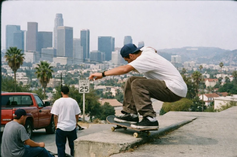 A skateboarder in a white T-shirt and cap jumps off a ledge, with two people watching nearby. Skyscrapers and palm trees fill the background, and a speed limit sign reads 25. The city skyline suggests Los Angeles.
