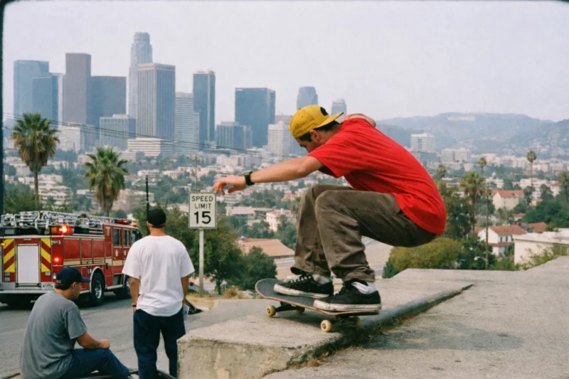 A skateboarder in a red shirt and yellow cap performs a trick on a ledge overlooking downtown Los Angeles, with a fire truck, two people, palm trees, and the Hollywood sign visible in the background.