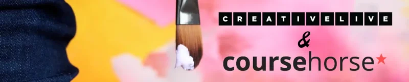 A paintbrush with pink and white paint is in front of a colorful background, next to the logos for CreativeLive and CourseHorse, with a red star next to CourseHorse.